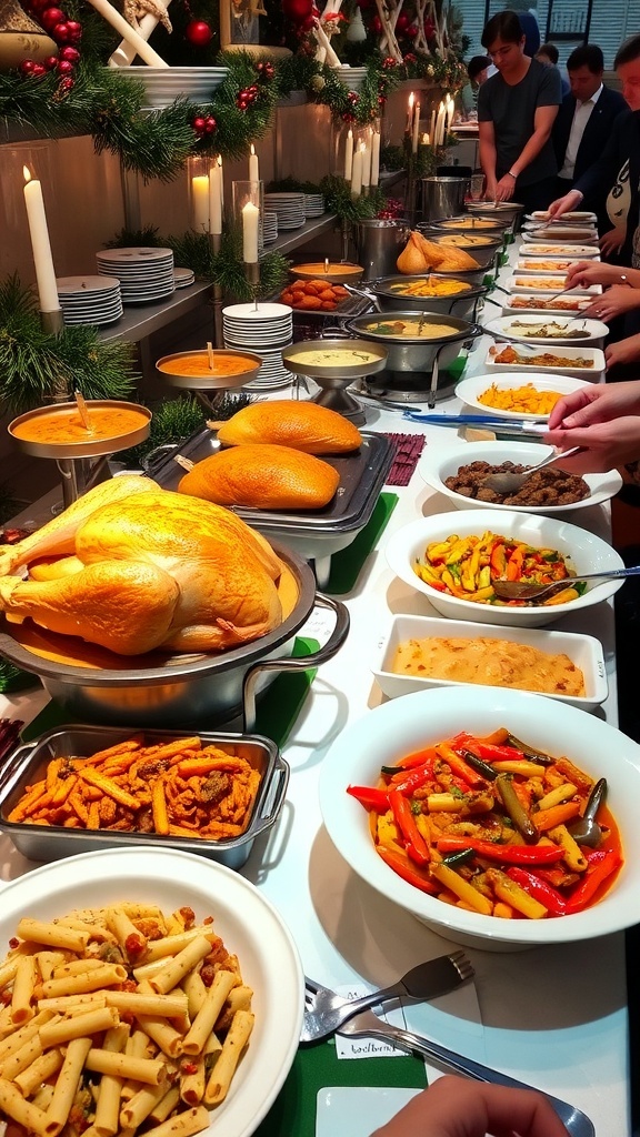 A Christmas buffet table with roasted turkey, baked ziti, and sautéed vegetables.